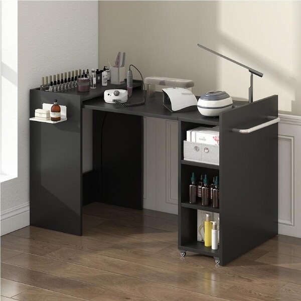 Advwin Folding Manicure Table, Extendable Drawers Shelves Table, Compact Multi-Purpose Table Side Desk Black