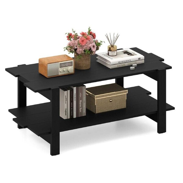 Giantex 2-Tier Coffee Table Slatted Wood Center Table w/Storage Shelf Rectangular Cocktail Table Black