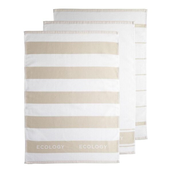 3pc Ecology 100% Cotton Absorbent Fold Striped Tea Towels 50 x 75cm Pumice