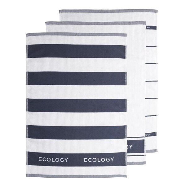 3pc Ecology 100% Cotton Absorbent Fold Striped Tea Towels 50 x 75cm Slate