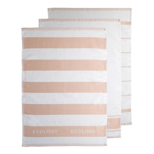 3pc Ecology 100% Cotton Absorbent Fold Striped Tea Towels 50 x 75cm Rose