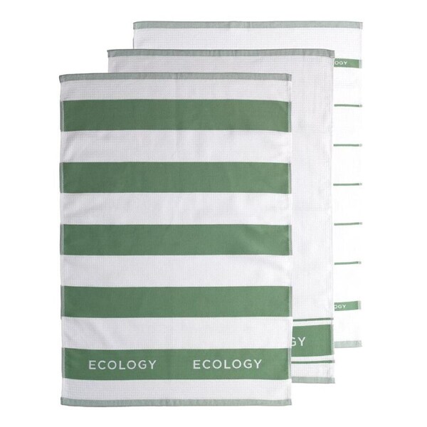 3pc Ecology 100% Cotton Absorbent Fold Striped Tea Towels 50 x 75cm Sage