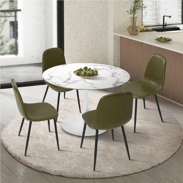 Oikiture 90cm Round Dining Table with 4x Dining Chairs PU Leather Green