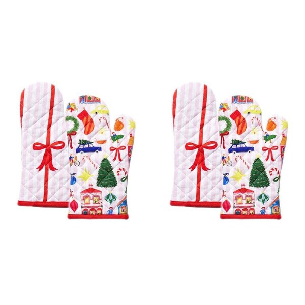 2x 2pc Porto 100% Cotton Night Before Oven Mitts 32x18cm Multi-Coloured