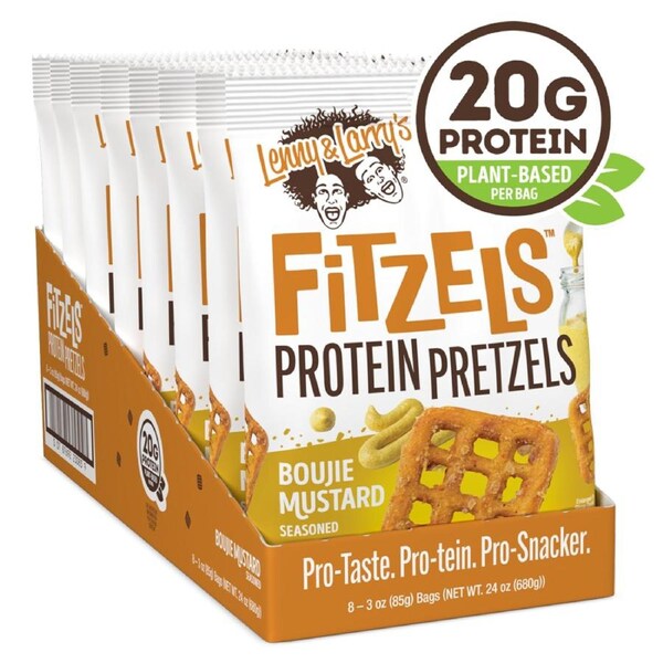Lenny & Larry's Boujie Mustard FITZELS High Protein Plant Based Pretzels (Box of 8 Bags)