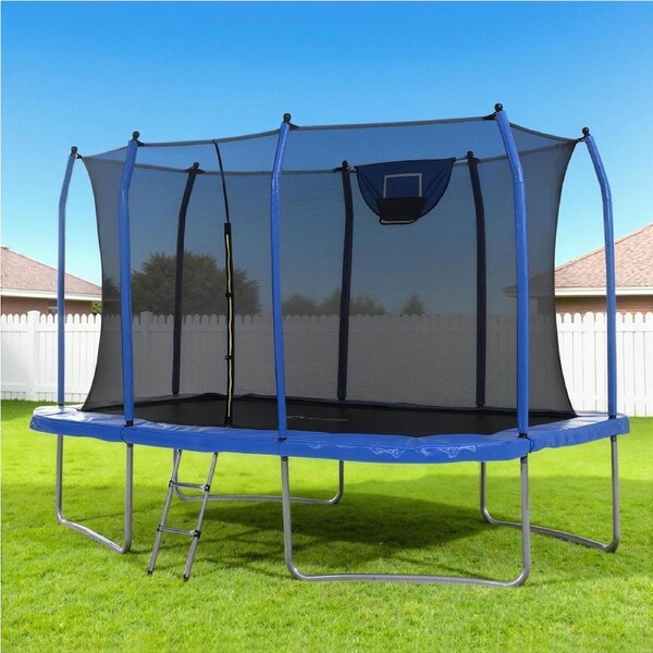 Everfit 12FT Trampoline Kids Rectangle Rebounder with Basketball Set Ladder Enclosure Safety Net