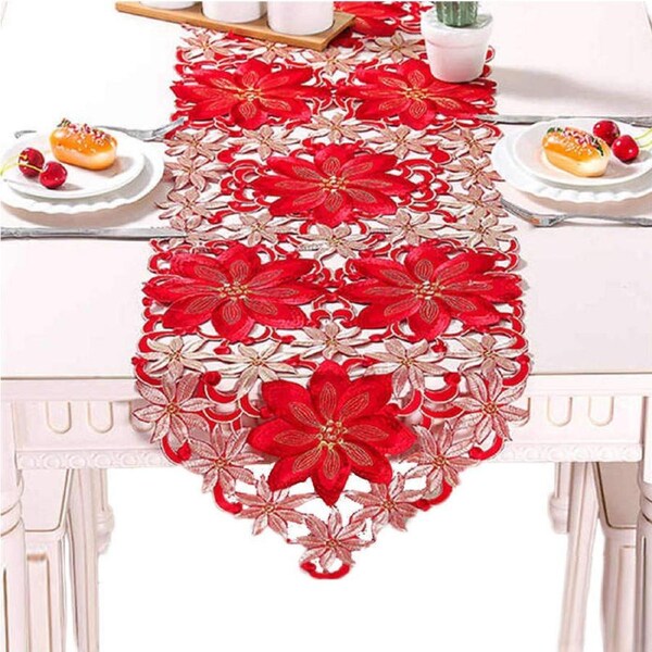 JOYBUY Red Embroidered Christmas Doily Table Runner Home Decor