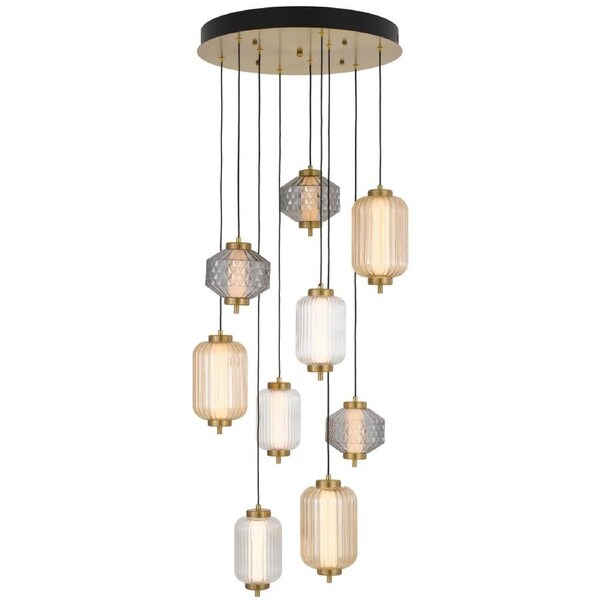 Padua TFS Brass Pendant, 9-Light LED with Amber Smoke and Clear Glass Detail