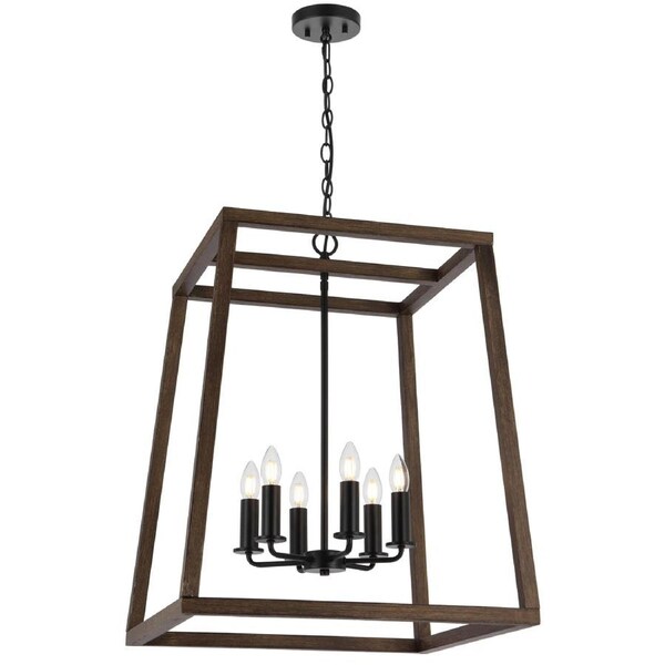 Kaunas TFS Black Matt and Walnut Six-Light Pendant for Rustic Modern Dining Rooms