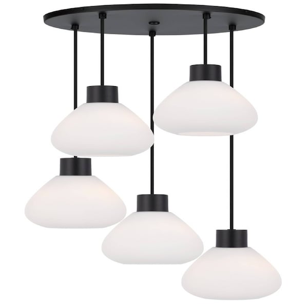 Perugia TFS Black Matt Pendant, 5-Light Opal Glass Shades with 2m Cable Drop