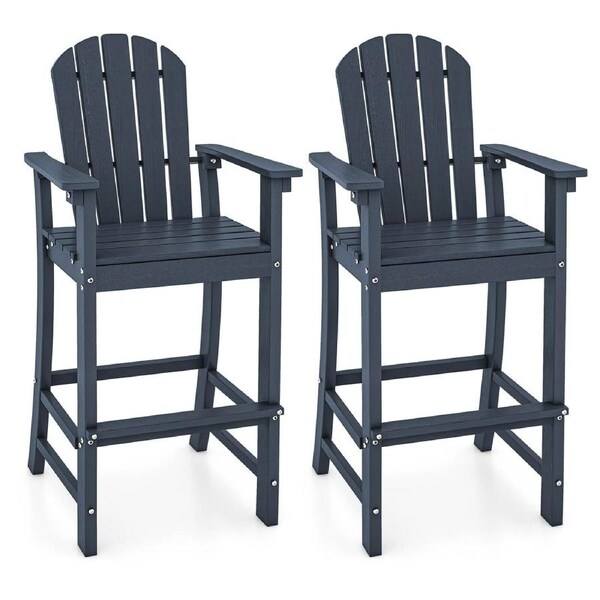 Costway 1.33M 2-Pack Adirondack Bar Arm Chair Texture Outdoor Counter Height Stool w/Footrest Slatted Design Navy