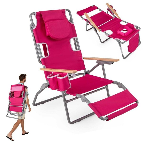 Costway Outdoor Beach Chair Folding Lounge Chair Reclining Beach Chair w/Footrest Adjustable Backrest Pink