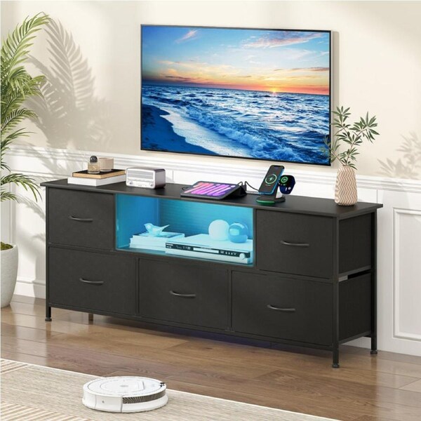 Advwin TV Unit Entertainment 140cm LED TV Cabinet w/Charging Station & Drawer TV Stand Black