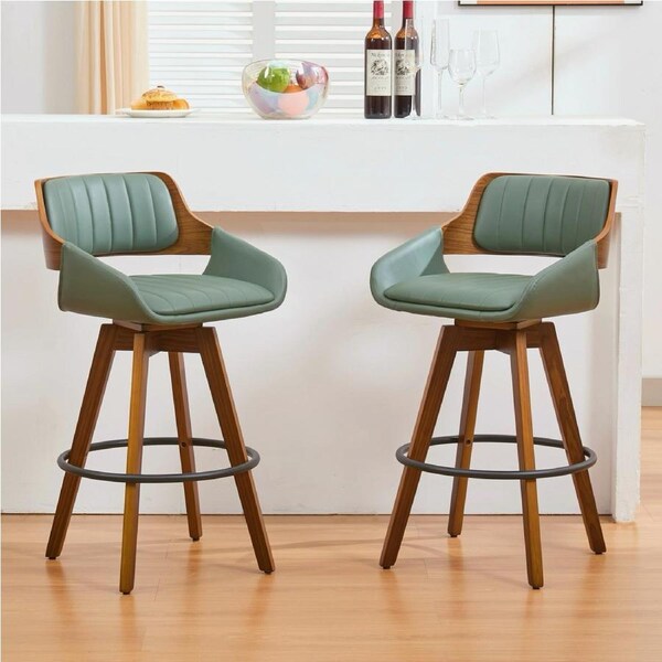 HOMFURN Counter Height Bar Stools Set of 2, Mid Century Modern Retro Bar Chairs, Swivel Barstools with Walnut Craft, Faux Leather Upholstered Counter Stool, Green