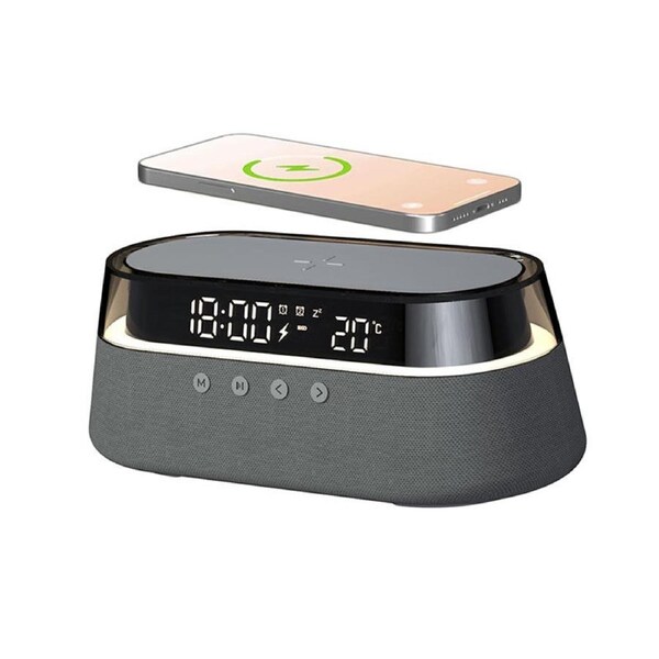 Nevenka Alarm Clock with Wireless Charging & Night Light & Bluetooth Speaker-Black
