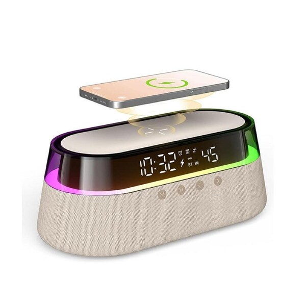 Nevenka Alarm Clock with Wireless Charging & Night Light & Bluetooth Speaker-Beige