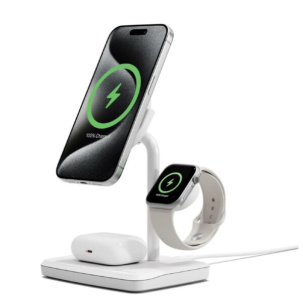 Cygnett ChargeBase Qi2 3-in-1 Magnetic 15W Wireless Charger-White,1.2M USB-C Cable,5W Watch Charger, 180° Swivel Head,2 Years Warranty