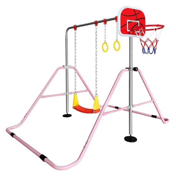 Kids Gymnastics Bars Training Home Gym Workout Horizontal Monkey Kip Adjustable Height with Swing Rings Basketball Hoop Playground Foldable 4in1 Set