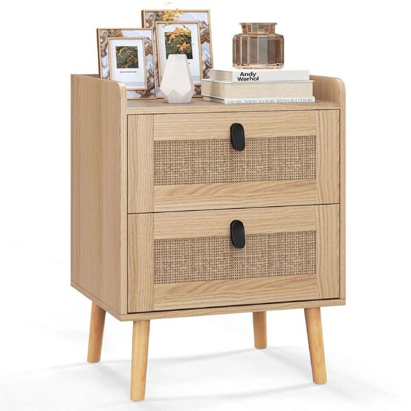 Giantex Boho Nightstand Rattan Bedside Table w/Soild Wood Legs 2-Drawer Side End Table Natural