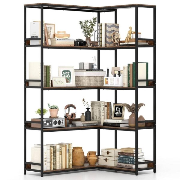 Giantex 180cm Corner Bookshelf 5-Tier L-Shaped Bookcase w/Metal Frame Etagere Industrial Display Rack