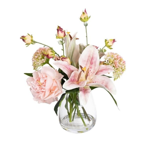 Glamorous Fusion Peony & Pink Lily 35cm Artificial Plant Flower Arrangement Decorative In Glass
