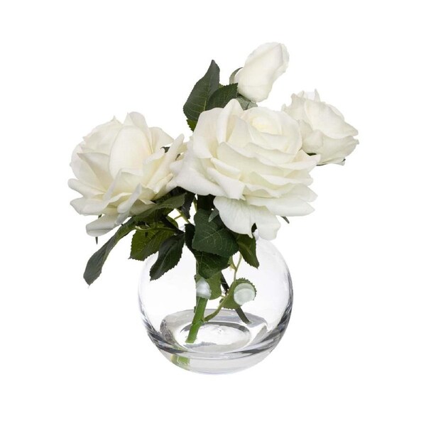Glamorous Fusion Real Touch White Rose 21cm Artificial Plant Flower Arrangement Decorative In Fishbowl Vase