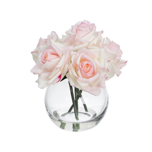 Glamorous Fusion Real Touch Light Pink Rose 21cm Artificial Plant Flower Arrangement Decorative In Fishbowl Vase