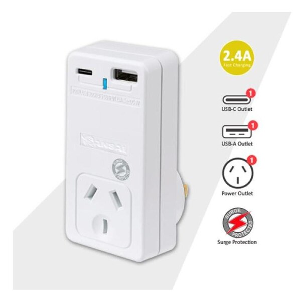 Sansai USB C + A 2xUSB charging Outlets Power Adaptor 240V 10A Surge protection Power status indicator Wall Charger PAD-301USB