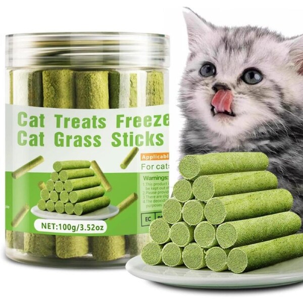 Cat Natural Grass Teething Sticks 100g for Hairball Removal, Dental Care, Appetite Increase - Catnip Chew Toys, Edible Treats for Indoor Cats and Kittens