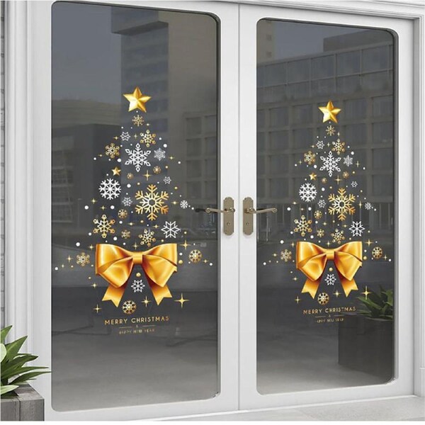 2Pcs Xmas Window Clings Decor Snow Flakes Stickers Bow Tie Christmas Decals S