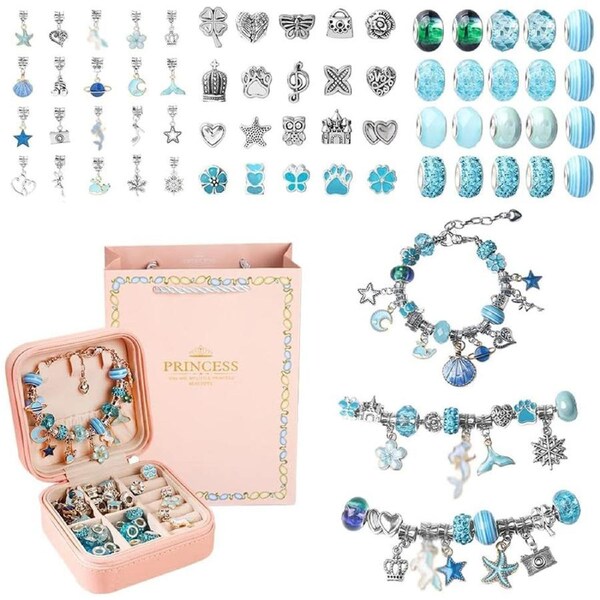 DIY Beaded Bracelet Set with Storage Box Christmas Gift for Teen Girls Age 6-12 Blue