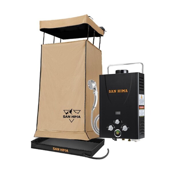 San Hima Camping Shower Tent Brown +Gas Hot Water Heater Black +Shower Tent Base
