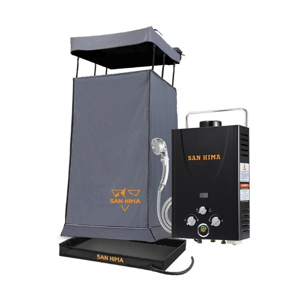 San Hima Camping Shower Tent Grey + Gas Hot Water Heater Black +Shower Tent Base