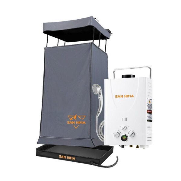 San Hima Camping Shower Tent Grey + Gas Hot Water Heater White +Shower Tent Base