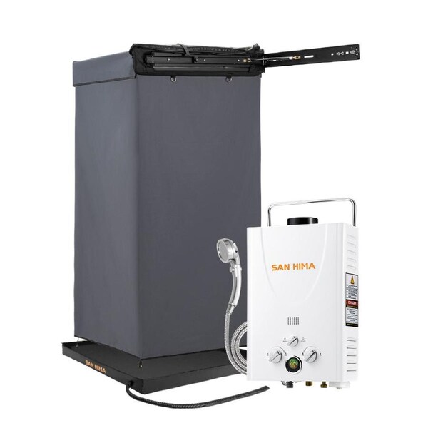 San Hima Shower Awning Instant Tent +Gas Hot Water Heater White+Shower Tent Base