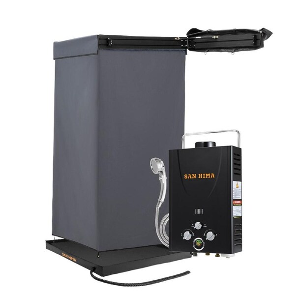 San Hima Shower Awning Instant Tent +Gas Hot Water Heater Black+Shower Tent Base