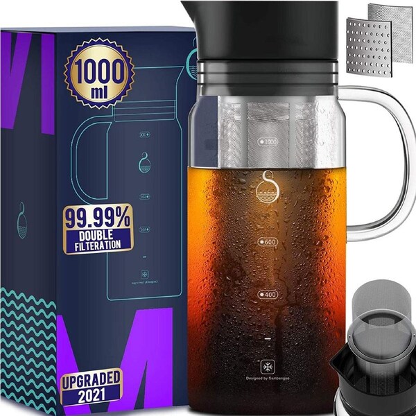 JOYBUY 1L Cold Brew Glass Coffee Maker – Airtight Iced Tea Juice Carafe with Stainless Steel Filter