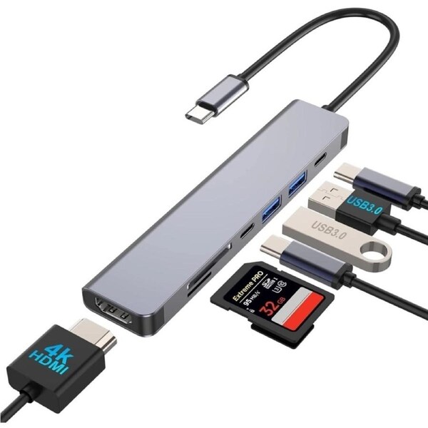 JOYBUY 7-in-1 USB-C Adapter Dock – Dual Display, 4K HDMI, 100W PD, USB-A/C, SD/TF for Surface – Gray