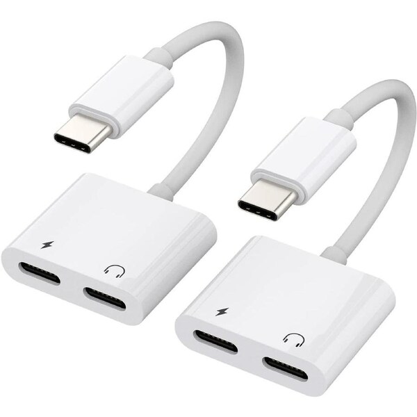 JOYBUY 2-Pack USB-C to Dual USB-C Audio + Charging Adapter 60–100?W Charger for iPhone?15, Samsung, Xiaomi – White
