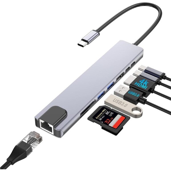 JOYBUY 8-in-1 USB-C Multiport Adapter with 4K HDMI, 100&nbsp;W PD, USB-C & USB-A, RJ45, SD/TF Reader – Gray