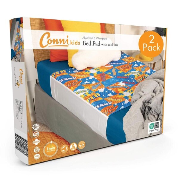 Conni Kids Reusable Bed Pad with Tuck-ins Hero Print - 2 PACK
