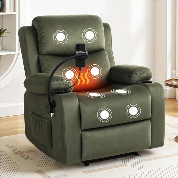 Artiss Recliner Chair with with Heat and Massage Velvet Recliner Armchair Lounge Sofa with USB Charge Port for Living Room Green