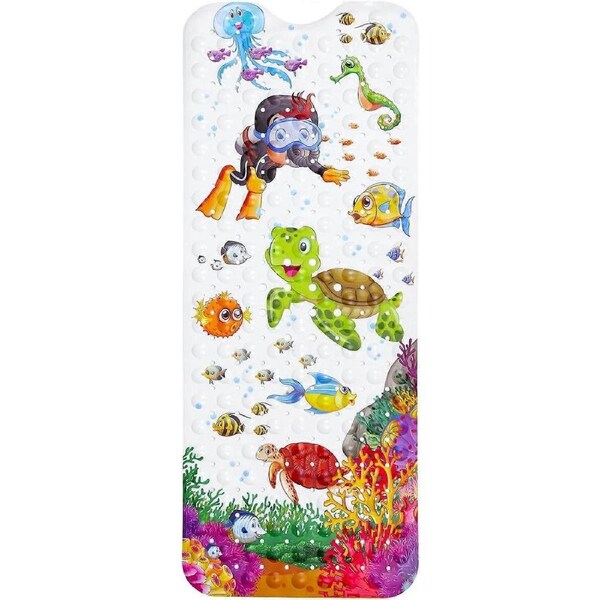 Baby Bath Mat for Tub for Kids, 40 X 16 Inch Non Slip Cartoon Bath Tub Shower Mat Anti Slip with Drain Holes and Suction Cups Machine Washable, Turtle