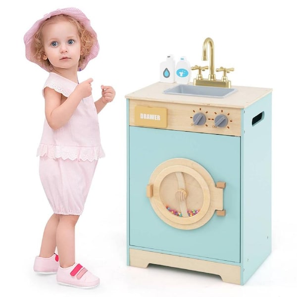 Babyjoy Toy Wooden Washing Machine Kids Washer Playset w/Laundry Detergent Pretend Play Set