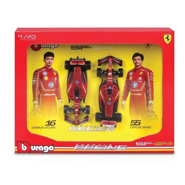 2pc Bburago 2024 Ferrari SF-24 Gift Pack Formula 1 Car Toy 1:43 Red