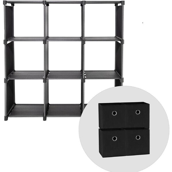 SORTI Storage Organizer, 9 Cubes + 4X Cube inserts, Wardrobe Closet Storage Shelves, DIY Closet Cabinet, Bookcase, Black with rubber mallet