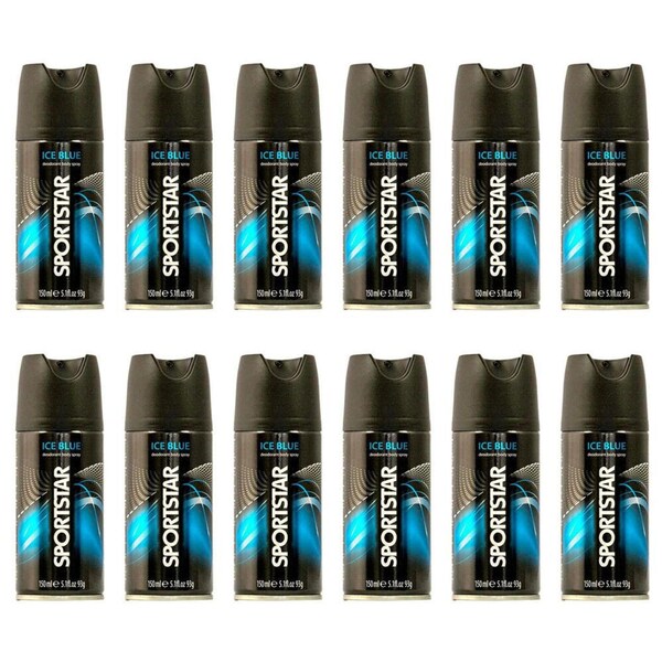 12PK Sportstar Men's Deodorant Body Spray Ice Blue Scent 150ml Odour Protection