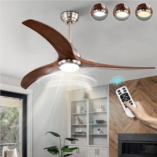 ACA 52" DC Motor Ceiling Fan With LED Light Remote Control 3 Wooden Blades 6 Speed Fans Timer Chrome&Red
