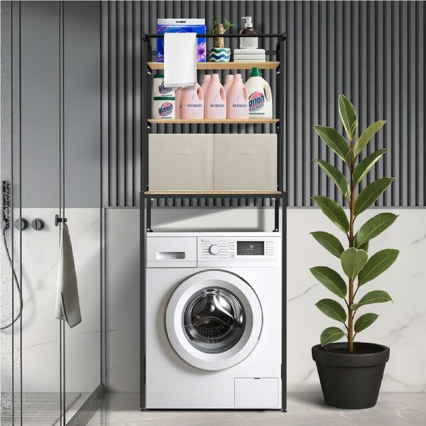 ACA Bathroom 3 Tier Over Washing Machine Storage Rack with 2 Laundry Basket Towel Rail Black