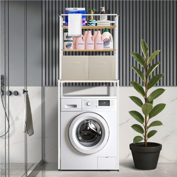 ACA Bathroom 3 Tier Over Washing Machine Storage Rack with 2 Laundry Basket Towel Rail White